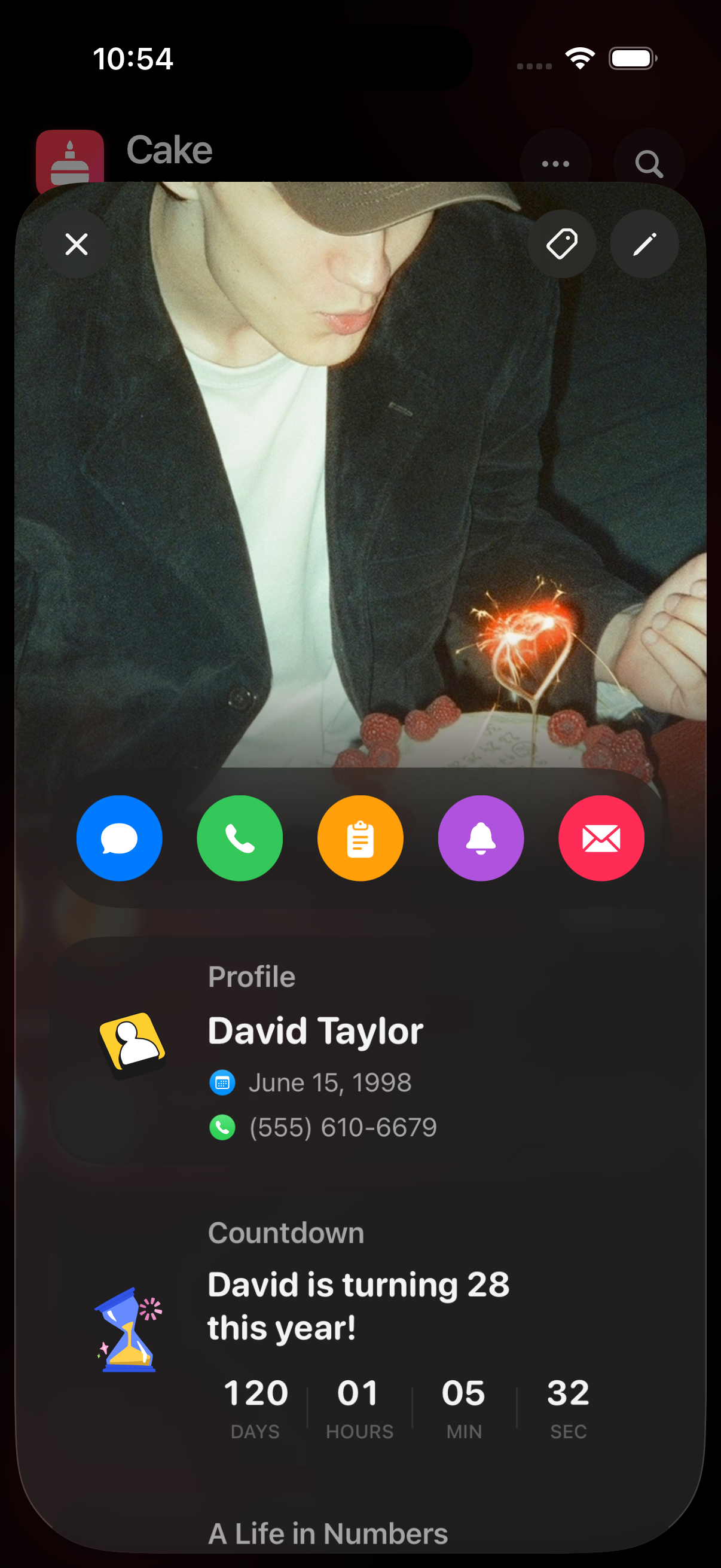 Cake profile view with quick actions