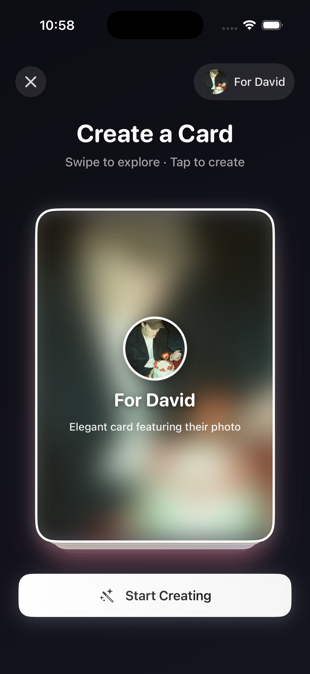 Cake card creation screen