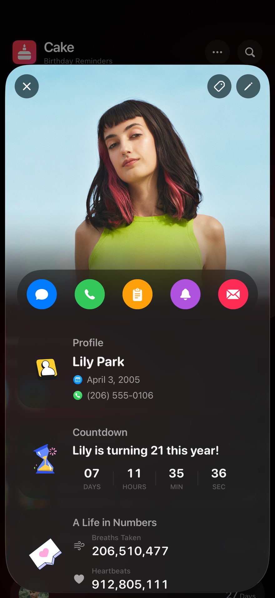 Profile hub for Lily Park with countdown and quick actions